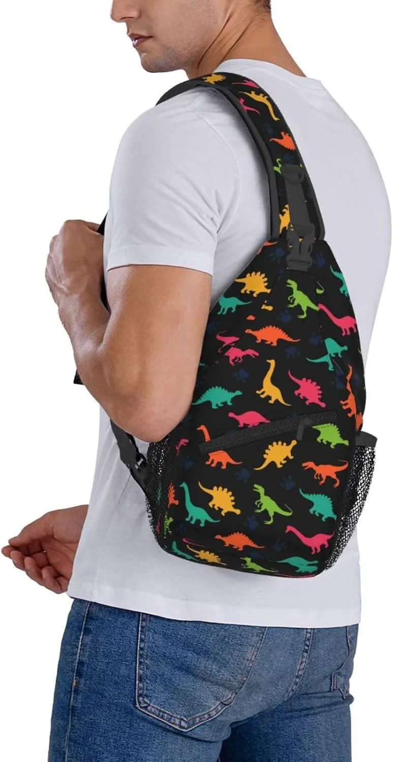 Cartoon Dinosaur Sling Backpack for Women & Men, Multicolor, 3.5x7.5x15.3 Inches, 5.5L, Casual, Unisex, Dinosaur Theme, Ambidextrous Shoulder Strap
