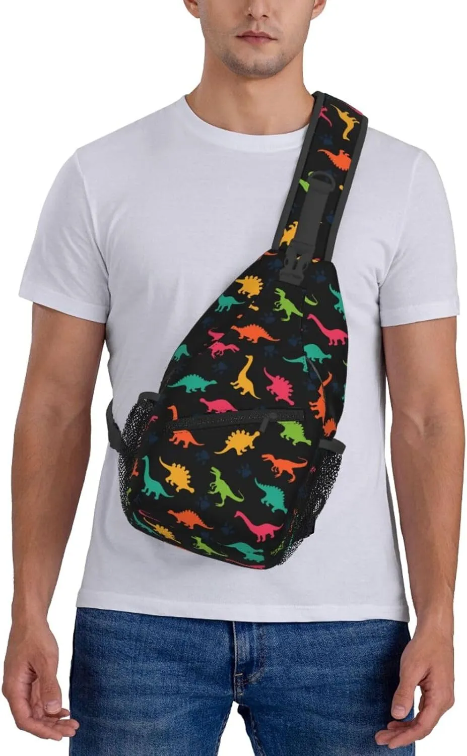 Cartoon Dinosaur Sling Backpack for Women & Men, Multicolor, 3.5x7.5x15.3 Inches, 5.5L, Casual, Unisex, Dinosaur Theme, Ambidextrous Shoulder Strap
