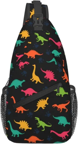 Cartoon Dinosaur Sling Backpack for Women & Men, Multicolor, 3.5x7.5x15.3 Inches, 5.5L, Casual, Unisex, Dinosaur Theme, Ambidextrous Shoulder Strap