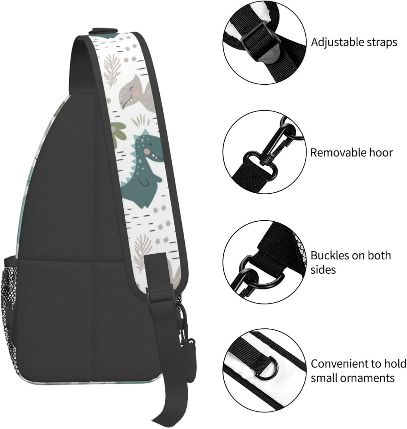 Cartoon Dinosaur Sling Bag Dinosaurs with Plants Palms and Cacti Scandinavian Style Crossbody Backpack Cute Animal Print Chest Shoulder Bag Casual Sports Travel Hiking Daypack for Women Men