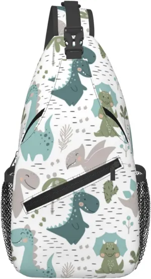 Cartoon Dinosaur Sling Bag Dinosaurs with Plants Palms and Cacti Scandinavian Style Crossbody Backpack Cute Animal Print Chest Shoulder Bag Casual Sports Travel Hiking Daypack for Women Men
