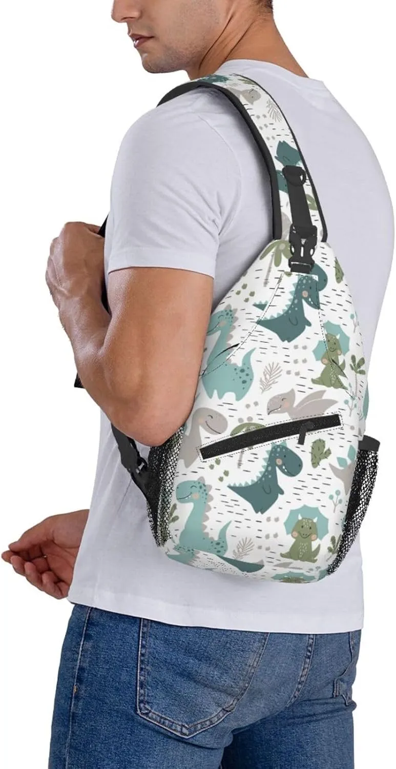 Cartoon Dinosaur Sling Bag Dinosaurs with Plants Palms and Cacti Scandinavian Style Crossbody Backpack Cute Animal Print Chest Shoulder Bag Casual Sports Travel Hiking Daypack for Women Men