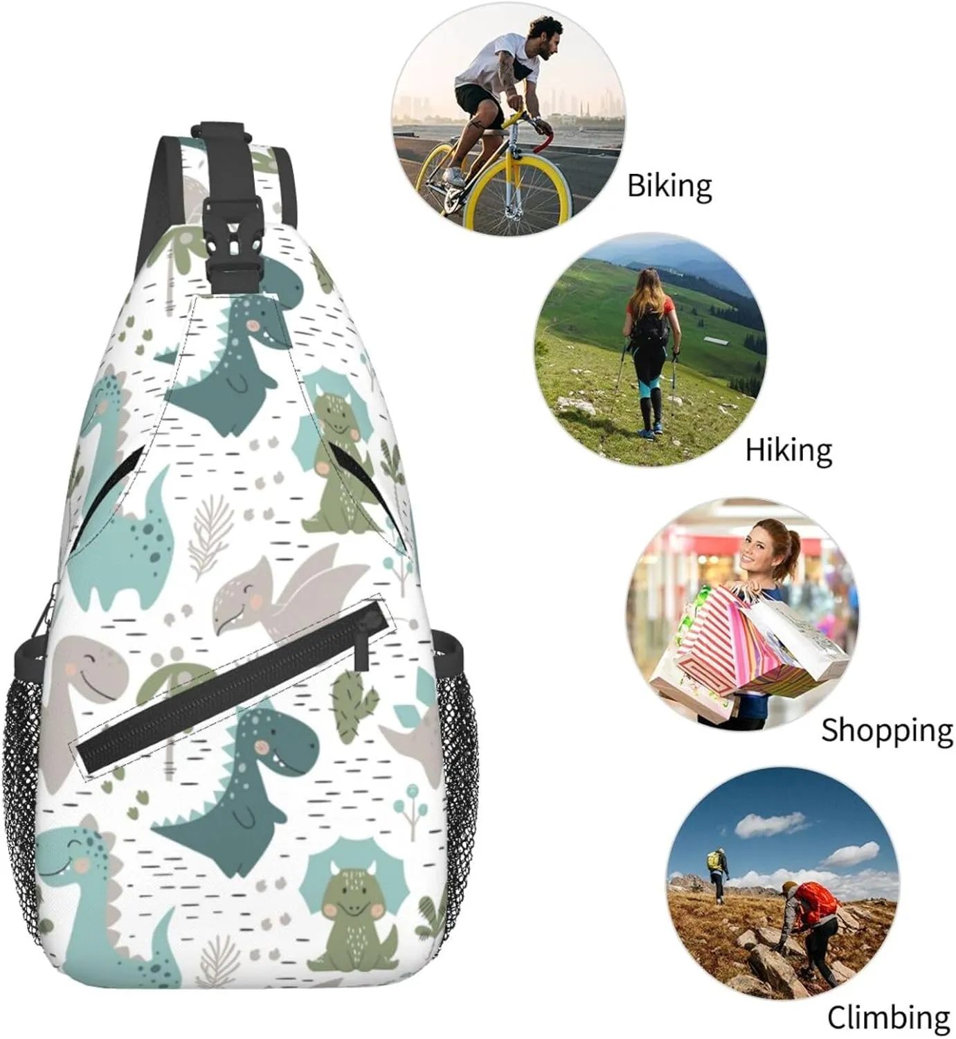 Cartoon Dinosaur Sling Bag Dinosaurs with Plants Palms and Cacti Scandinavian Style Crossbody Backpack Cute Animal Print Chest Shoulder Bag Casual Sports Travel Hiking Daypack for Women Men