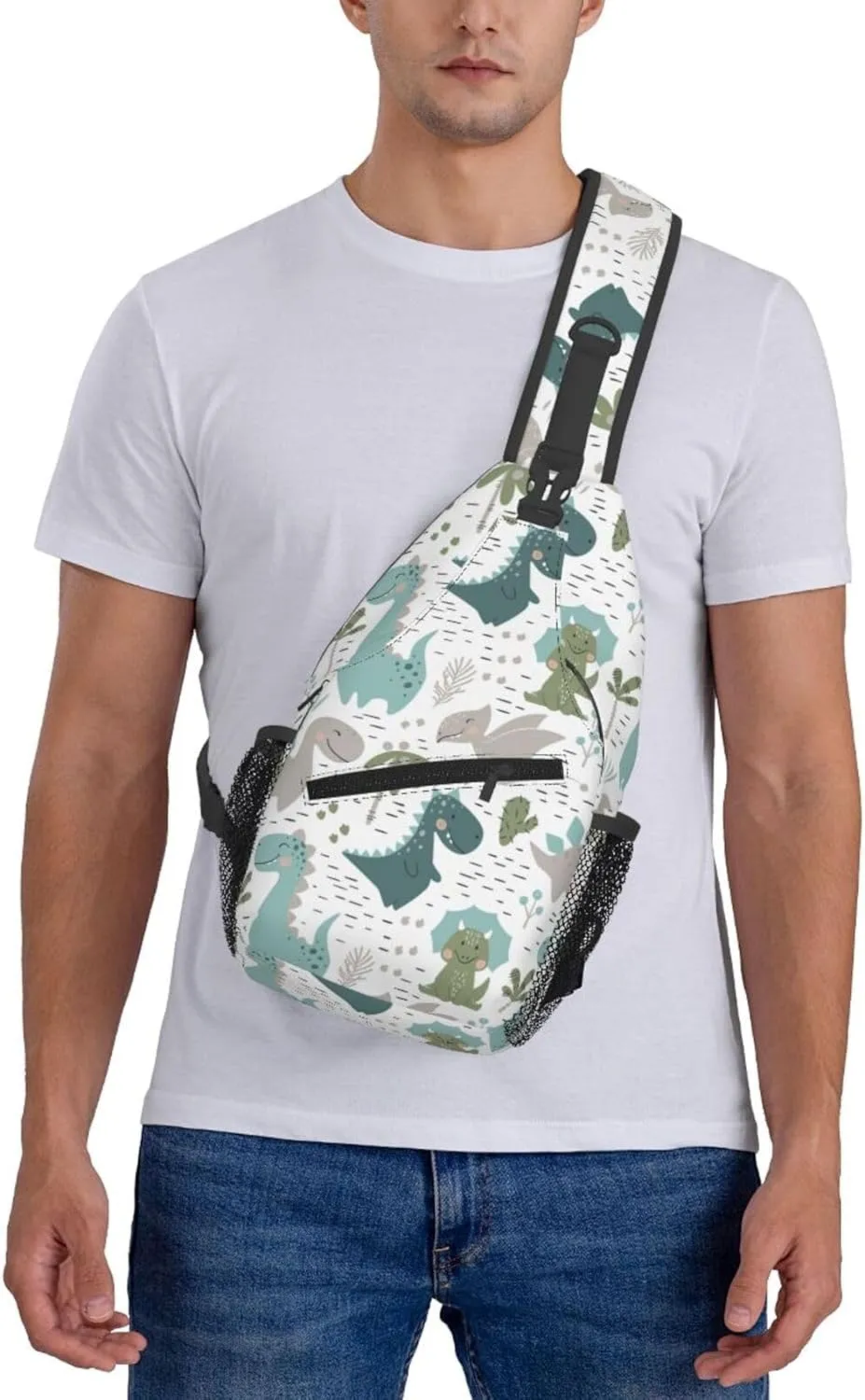 Cartoon Dinosaur Sling Bag Dinosaurs with Plants Palms and Cacti Scandinavian Style Crossbody Backpack Cute Animal Print Chest Shoulder Bag Casual Sports Travel Hiking Daypack for Women Men