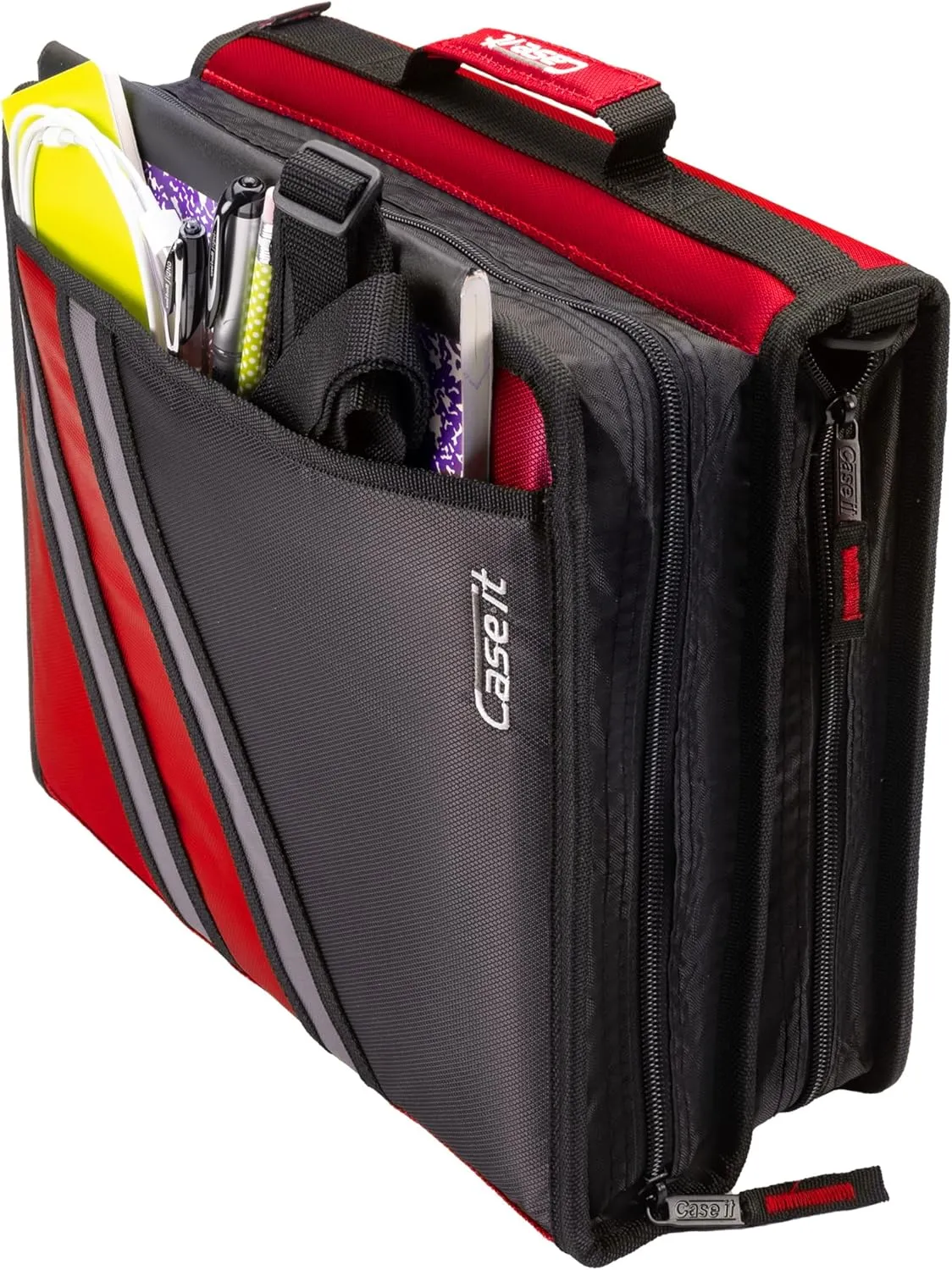 Case-it The Z Shape Zipper Binder - Two Binders in One - Double Sided 1.5 Inch D-Ring - Multiple Pockets - 500 Page Capacity - Comes with Shoulder Strap, Fire Engine Red Z-176, 6- Pack