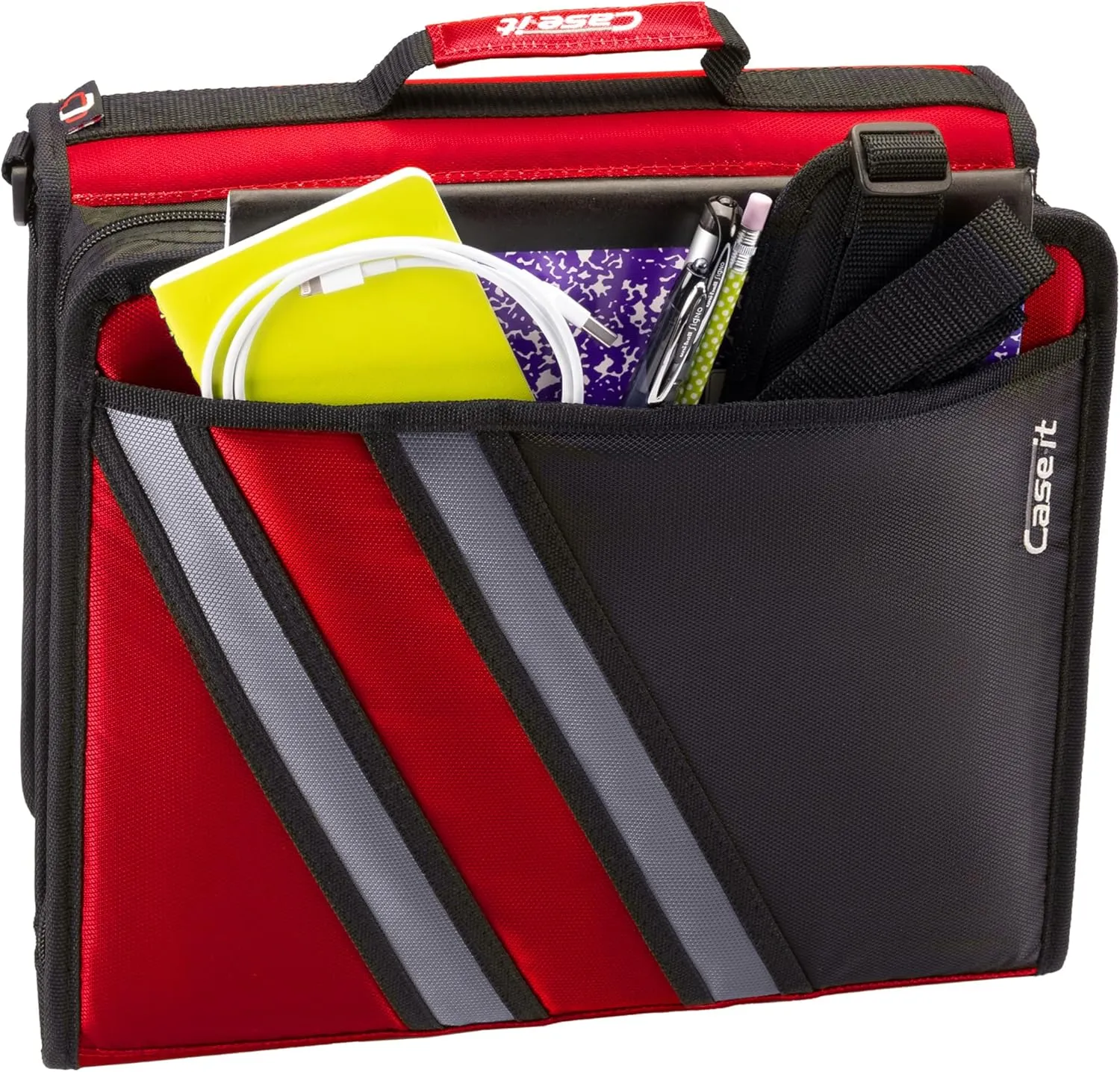 Case-it The Z Shape Zipper Binder - Two Binders in One - Double Sided 1.5 Inch D-Ring - Multiple Pockets - 500 Page Capacity - Comes with Shoulder Strap, Fire Engine Red Z-176, 6- Pack