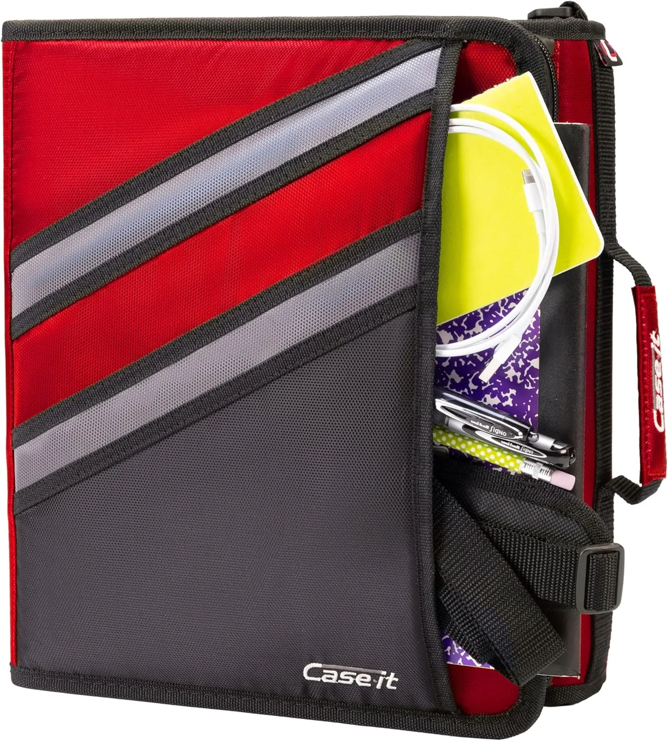 Case-it The Z Shape Zipper Binder - Two Binders in One - Double Sided 1.5 Inch D-Ring - Multiple Pockets - 500 Page Capacity - Comes with Shoulder Strap, Fire Engine Red Z-176, 6- Pack