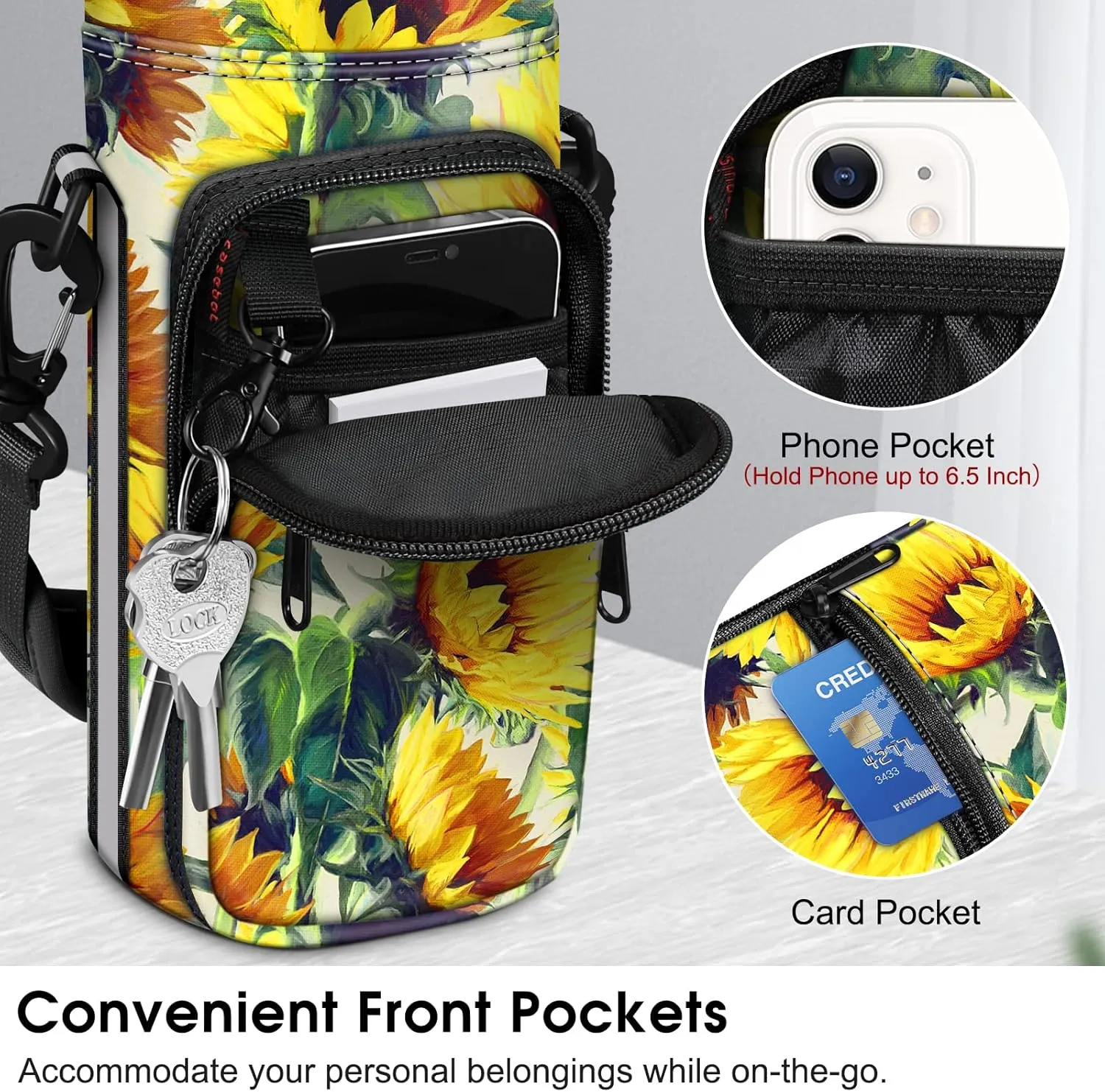 CaseBot Water Bottle Carrier Bag Sling Case, Sports Water Bottle Pouch Holder Sleeve with Adjustable Shoulder Hand Strap and 2 Pockets for Men Women Hiking Camping Travelling