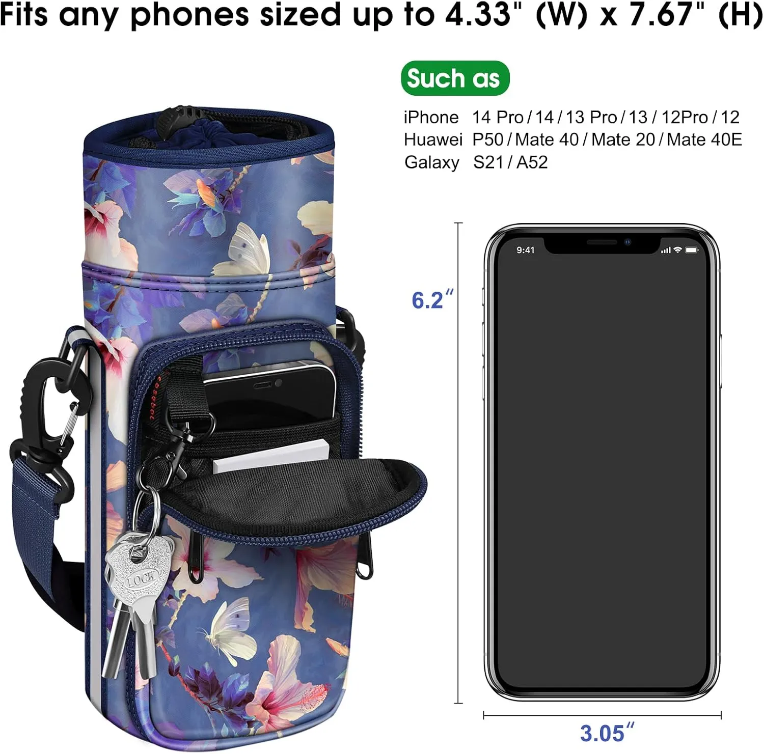 CaseBot Water Bottle Carrier Bag Sling Case, Sports Water Bottle Pouch Holder Sleeve with Adjustable Shoulder Hand Strap and 2 Pockets for Men Women Hiking Camping Travelling