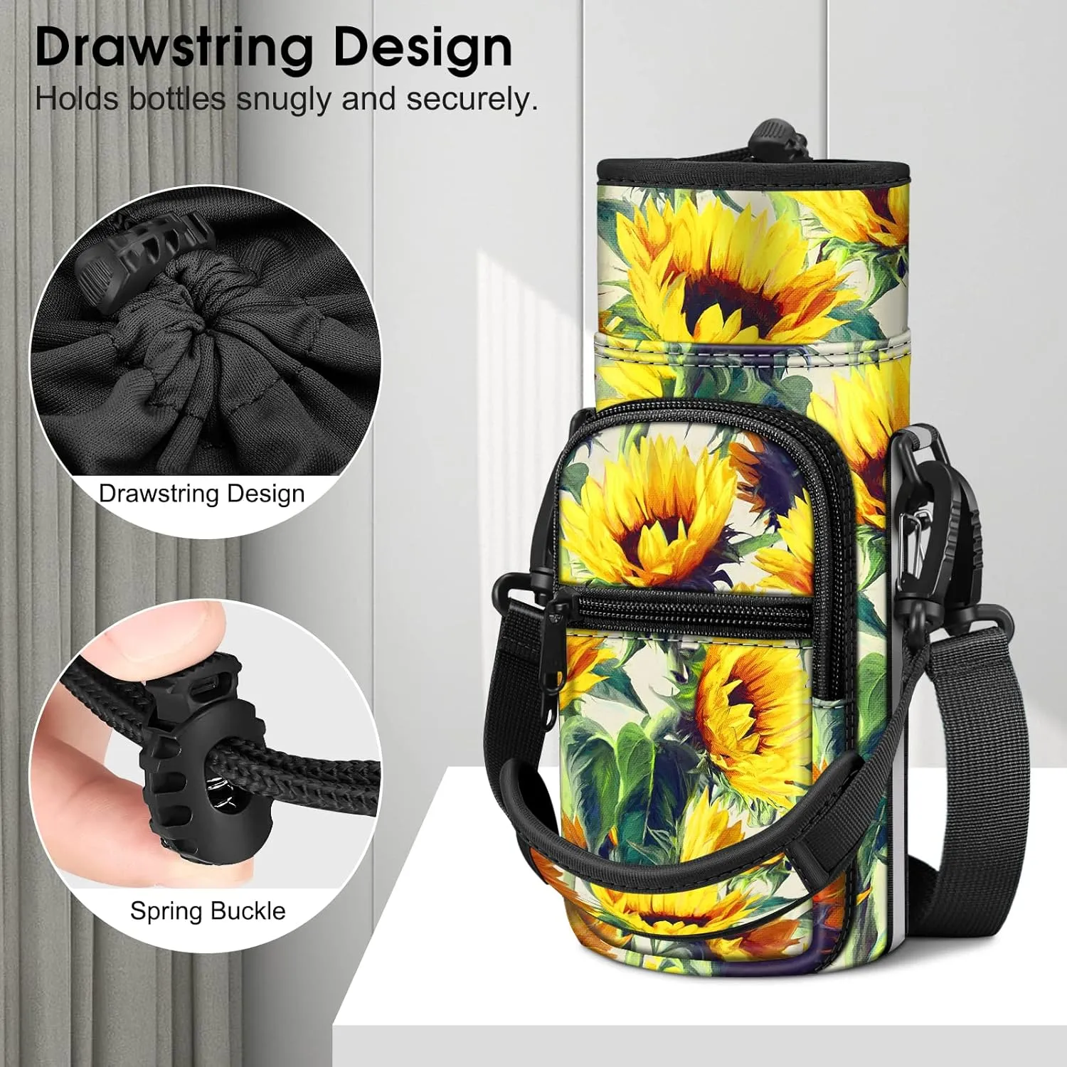 CaseBot Water Bottle Carrier Bag Sling Case, Sports Water Bottle Pouch Holder Sleeve with Adjustable Shoulder Hand Strap and 2 Pockets for Men Women Hiking Camping Travelling