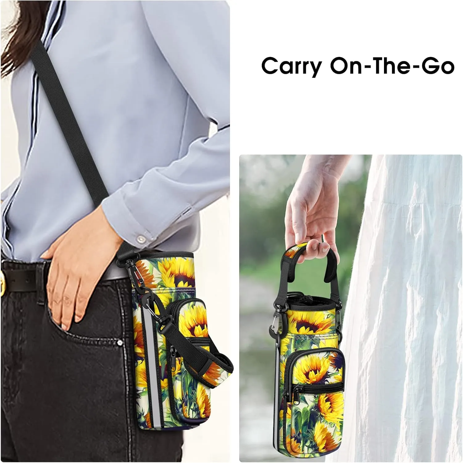 CaseBot Water Bottle Carrier Bag Sling Case, Sports Water Bottle Pouch Holder Sleeve with Adjustable Shoulder Hand Strap and 2 Pockets for Men Women Hiking Camping Travelling