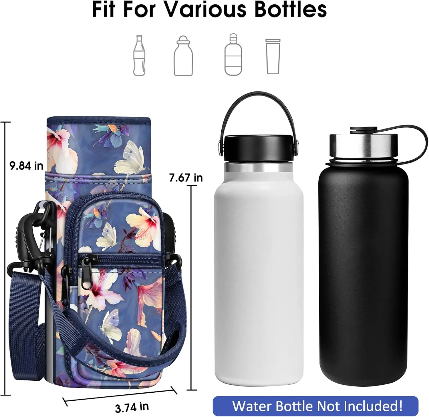 CaseBot Water Bottle Carrier Bag Sling Case, Sports Water Bottle Pouch Holder Sleeve with Adjustable Shoulder Hand Strap and 2 Pockets for Men Women Hiking Camping Travelling