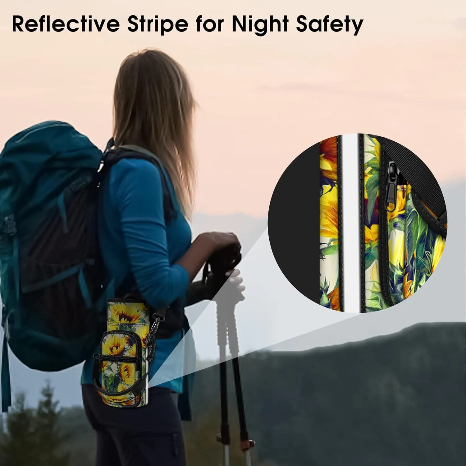 CaseBot Water Bottle Carrier Bag Sling Case, Sports Water Bottle Pouch Holder Sleeve with Adjustable Shoulder Hand Strap and 2 Pockets for Men Women Hiking Camping Travelling