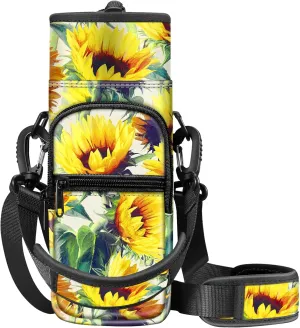CaseBot Water Bottle Carrier Bag Sling Case, Sports Water Bottle Pouch Holder Sleeve with Adjustable Shoulder Hand Strap and 2 Pockets for Men Women Hiking Camping Travelling
