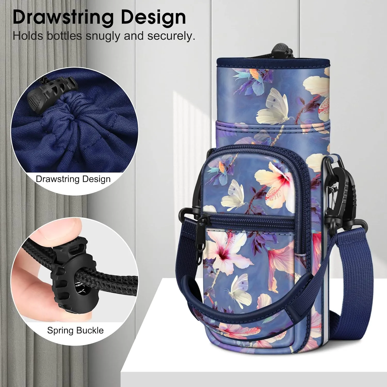 CaseBot Water Bottle Carrier Bag Sling Case, Sports Water Bottle Pouch Holder Sleeve with Adjustable Shoulder Hand Strap and 2 Pockets for Men Women Hiking Camping Travelling