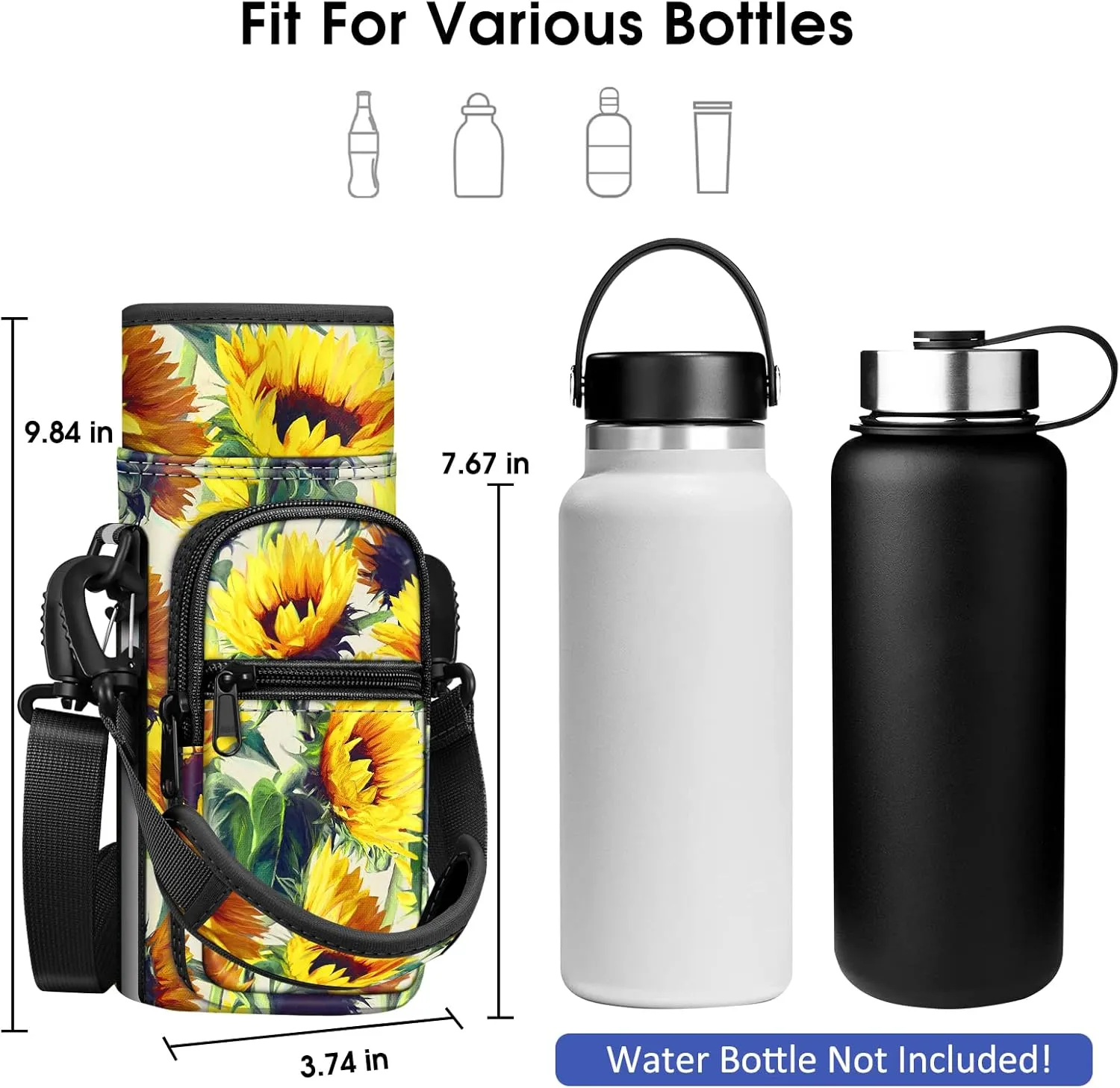 CaseBot Water Bottle Carrier Bag Sling Case, Sports Water Bottle Pouch Holder Sleeve with Adjustable Shoulder Hand Strap and 2 Pockets for Men Women Hiking Camping Travelling