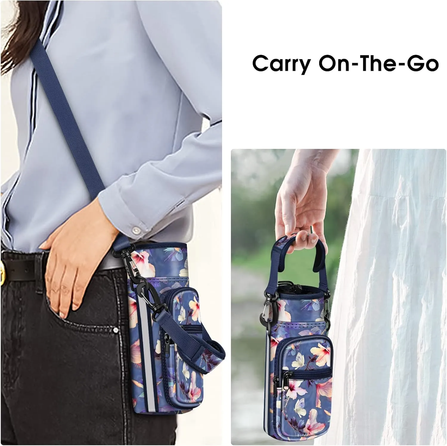 CaseBot Water Bottle Carrier Bag Sling Case, Sports Water Bottle Pouch Holder Sleeve with Adjustable Shoulder Hand Strap and 2 Pockets for Men Women Hiking Camping Travelling