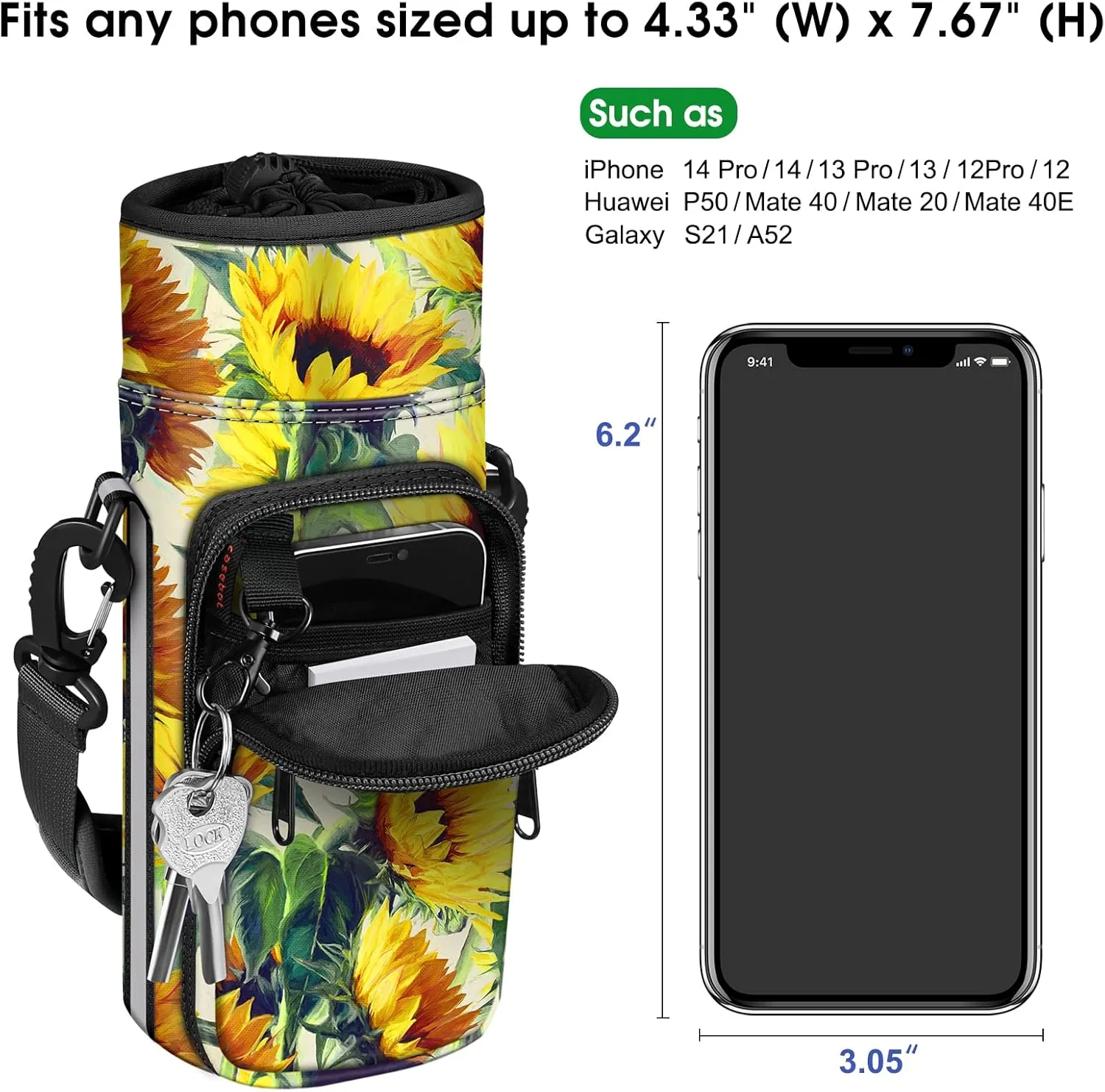CaseBot Water Bottle Carrier Bag Sling Case, Sports Water Bottle Pouch Holder Sleeve with Adjustable Shoulder Hand Strap and 2 Pockets for Men Women Hiking Camping Travelling
