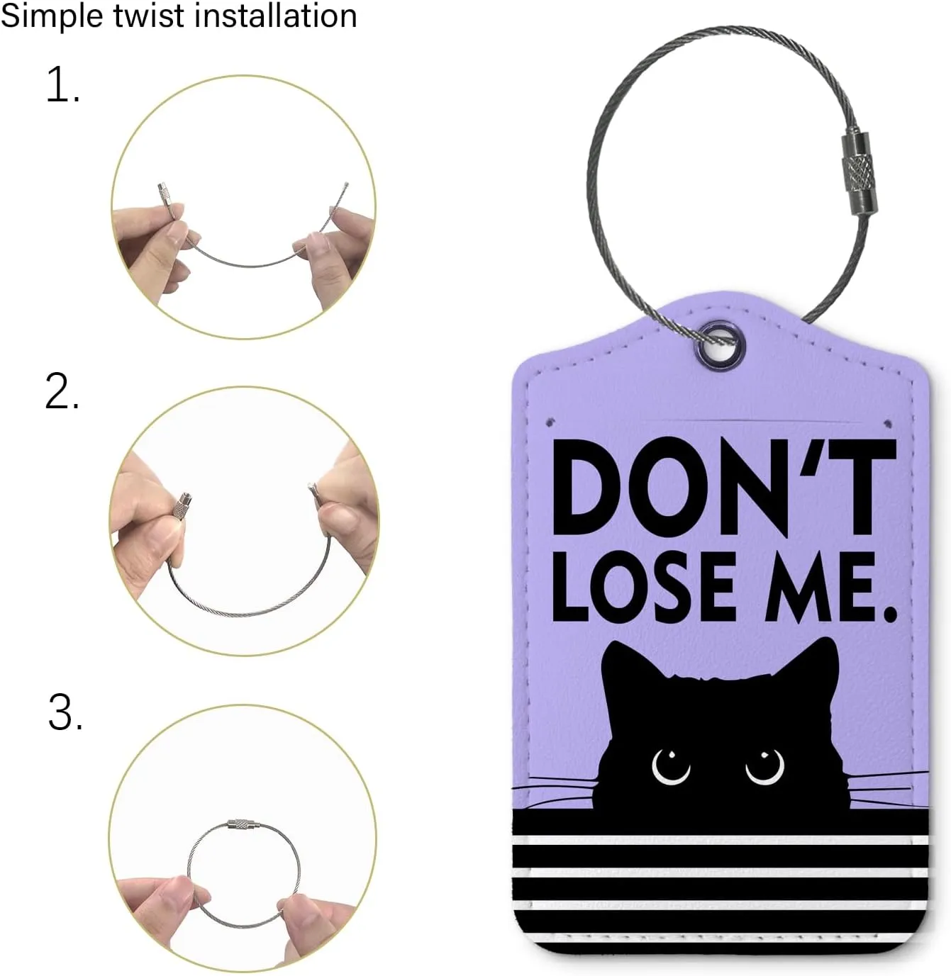 Cat Gifts Luggage Tag for Suitcases,Funny Cute 2 Pack Baggage Tag Label with Steel Loop,Blue Handbag School Bag Backpack Traveling Accessories,Don't Lose Me,Cat Lover Gifts（Purple）