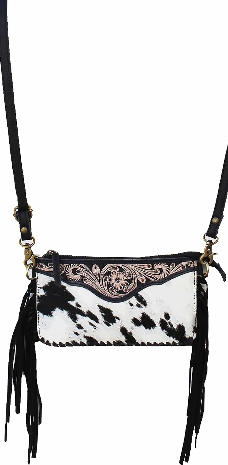 CHALLENGER Leather & Cowhide Western Floral Tooled Leather Crossbody Shoulder Bag 18RAH30BK