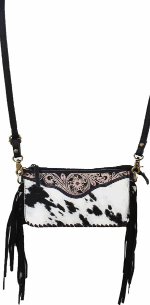 CHALLENGER Leather & Cowhide Western Floral Tooled Leather Crossbody Shoulder Bag 18RAH30BK