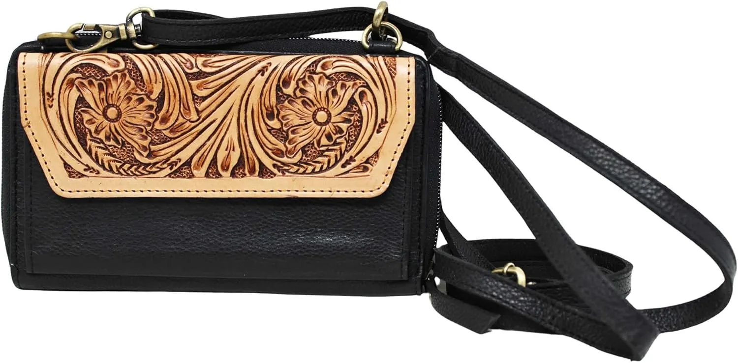 CHALLENGER Women's Western Floral Tooled Pebbled Leather Phone Wallet Crossbody Bag 18RSH21