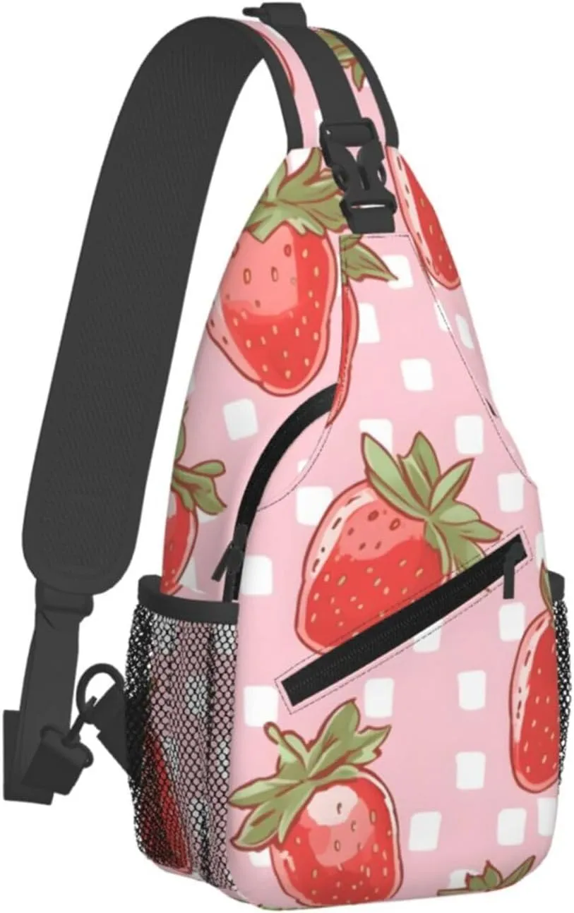 Check Plaid Strawberry Sling Bag Crossbody Bag for Men Women, Daypack Chest Backpack Shoulder Bag for Travle Hiking