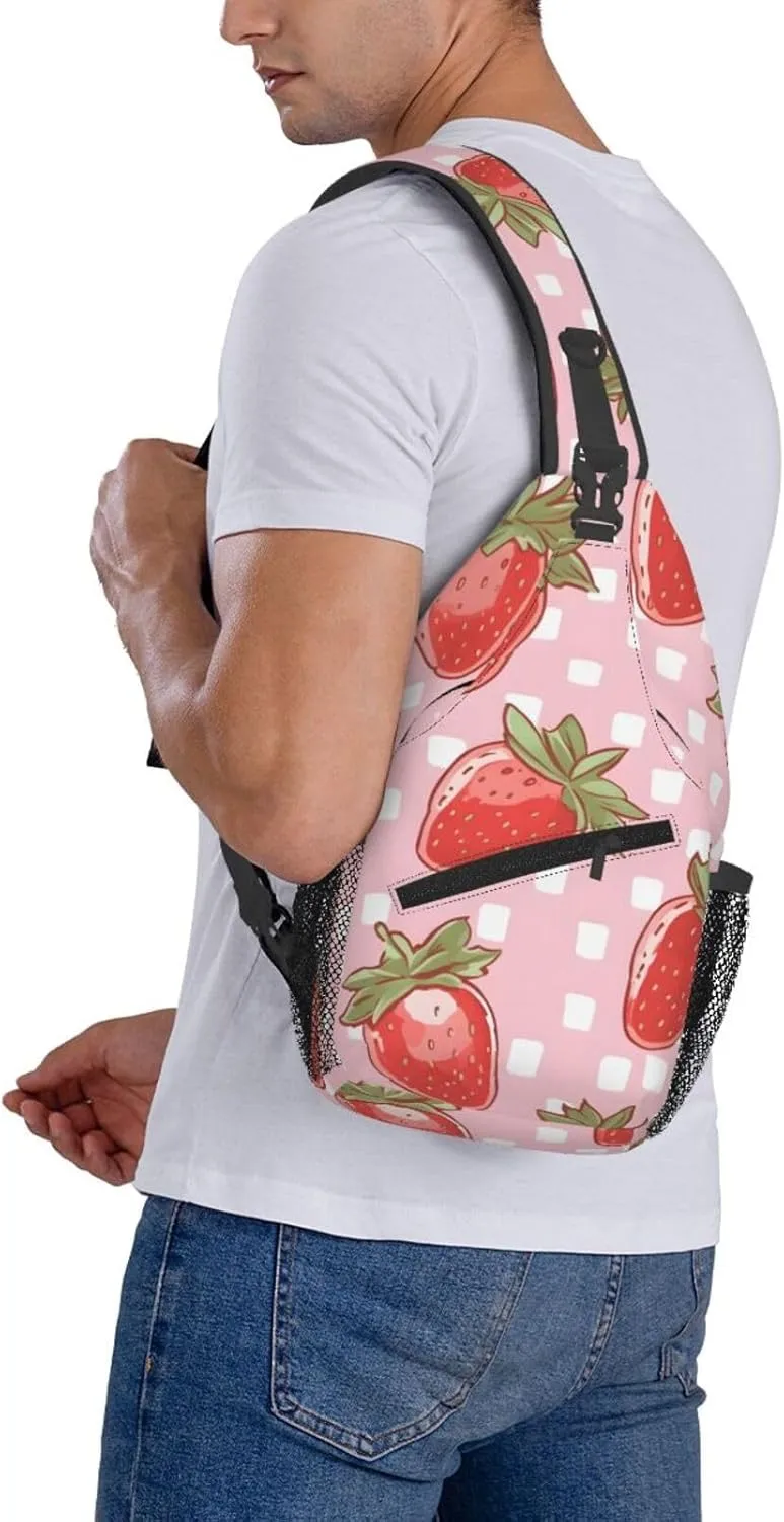 Check Plaid Strawberry Sling Bag Crossbody Bag for Men Women, Daypack Chest Backpack Shoulder Bag for Travle Hiking