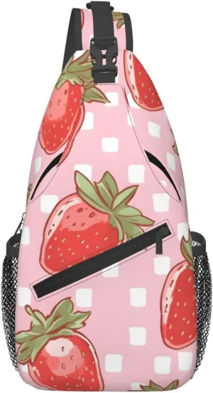 Check Plaid Strawberry Sling Bag Crossbody Bag for Men Women, Daypack Chest Backpack Shoulder Bag for Travle Hiking