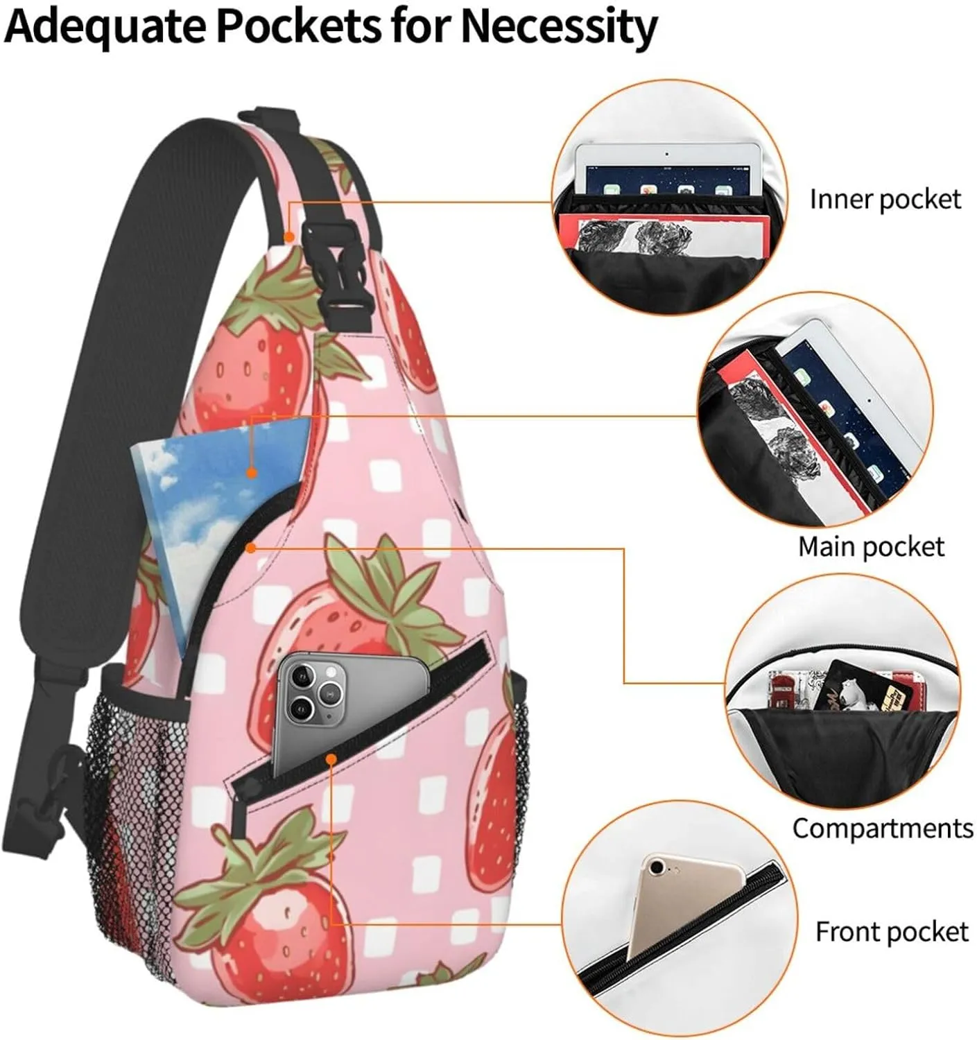 Check Plaid Strawberry Sling Bag Crossbody Bag for Men Women, Daypack Chest Backpack Shoulder Bag for Travle Hiking