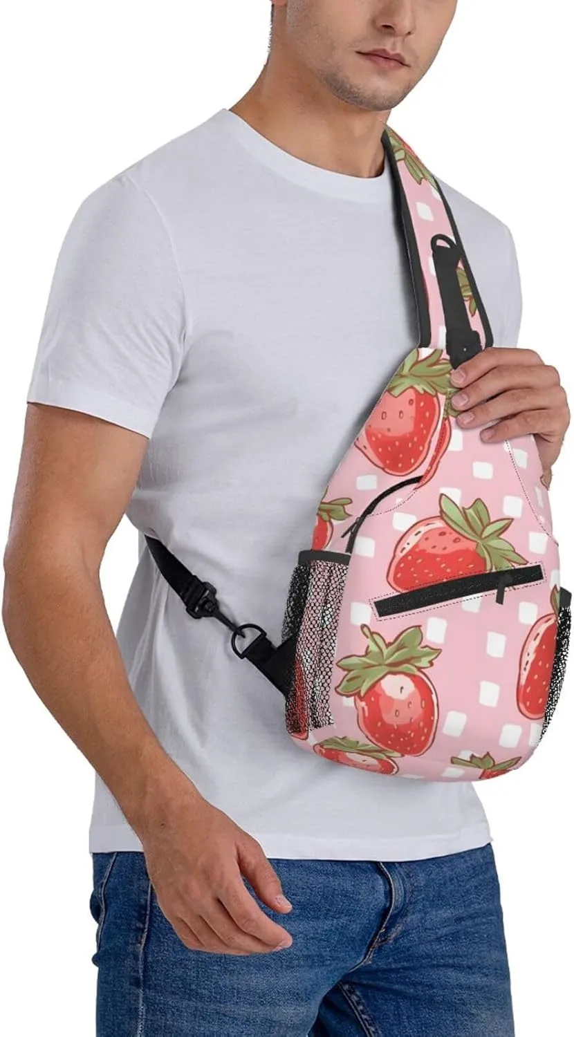 Check Plaid Strawberry Sling Bag Crossbody Bag for Men Women, Daypack Chest Backpack Shoulder Bag for Travle Hiking