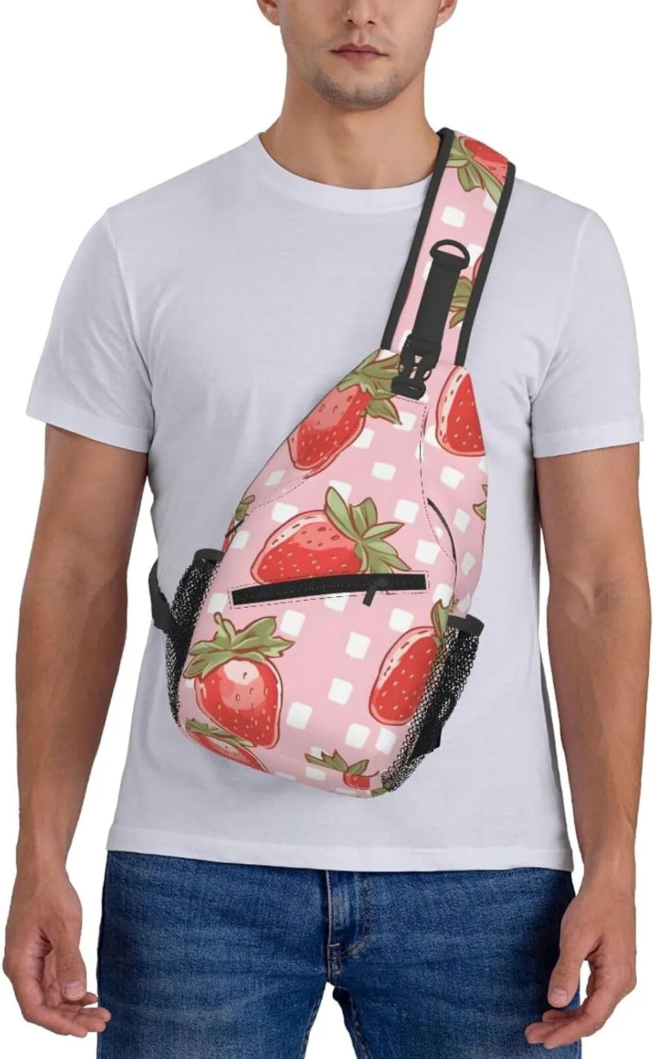 Check Plaid Strawberry Sling Bag Crossbody Bag for Men Women, Daypack Chest Backpack Shoulder Bag for Travle Hiking