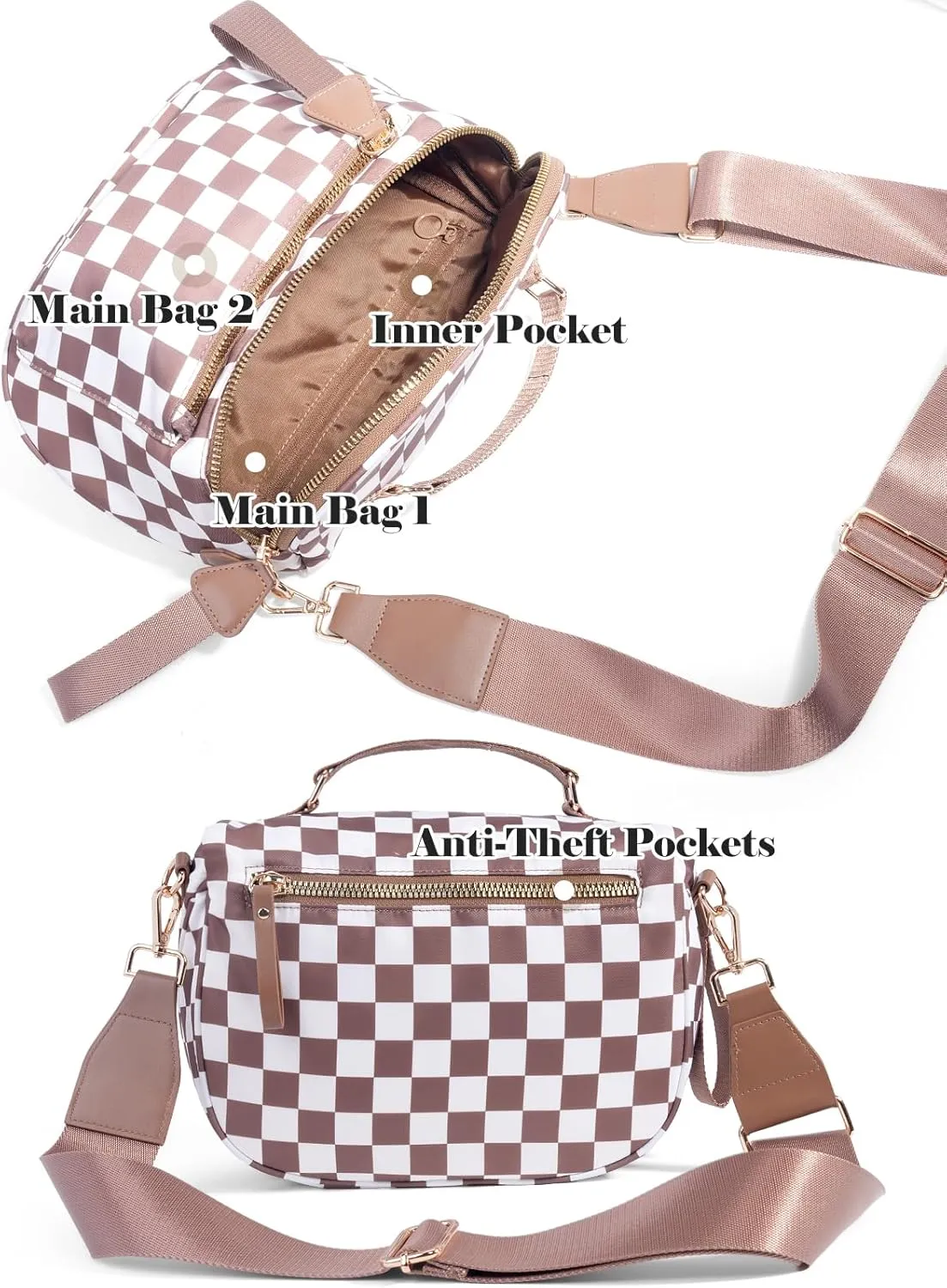 Checkered Crossbody Bag Bum Bag For Women,Spacious Checkered Purse Fanny Packs,Upgraded Version With Carry Handle (Handle Checkered - Coffee)