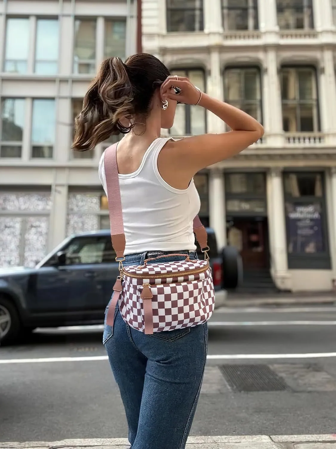 Checkered Crossbody Bag Bum Bag For Women,Spacious Checkered Purse Fanny Packs,Upgraded Version With Carry Handle (Handle Checkered - Coffee)