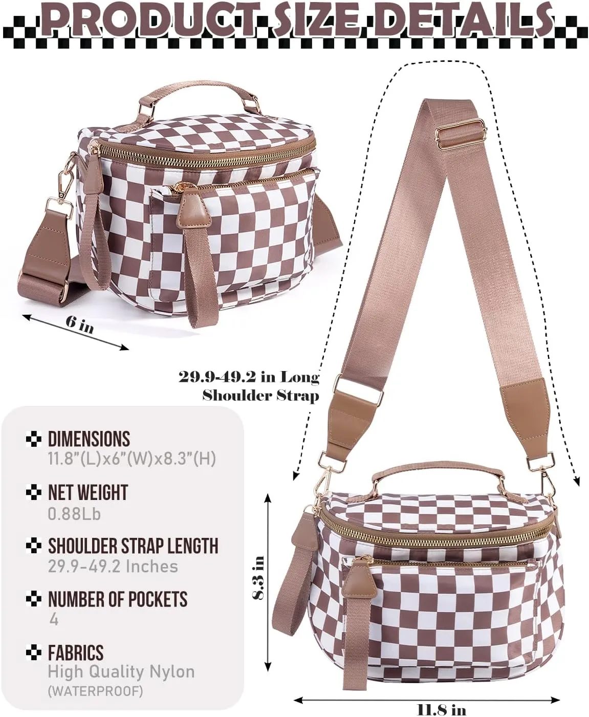 Checkered Crossbody Bag Bum Bag For Women,Spacious Checkered Purse Fanny Packs,Upgraded Version With Carry Handle (Handle Checkered - Coffee)