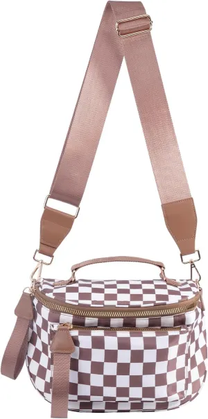 Checkered Crossbody Bag Bum Bag For Women,Spacious Checkered Purse Fanny Packs,Upgraded Version With Carry Handle (Handle Checkered - Coffee)