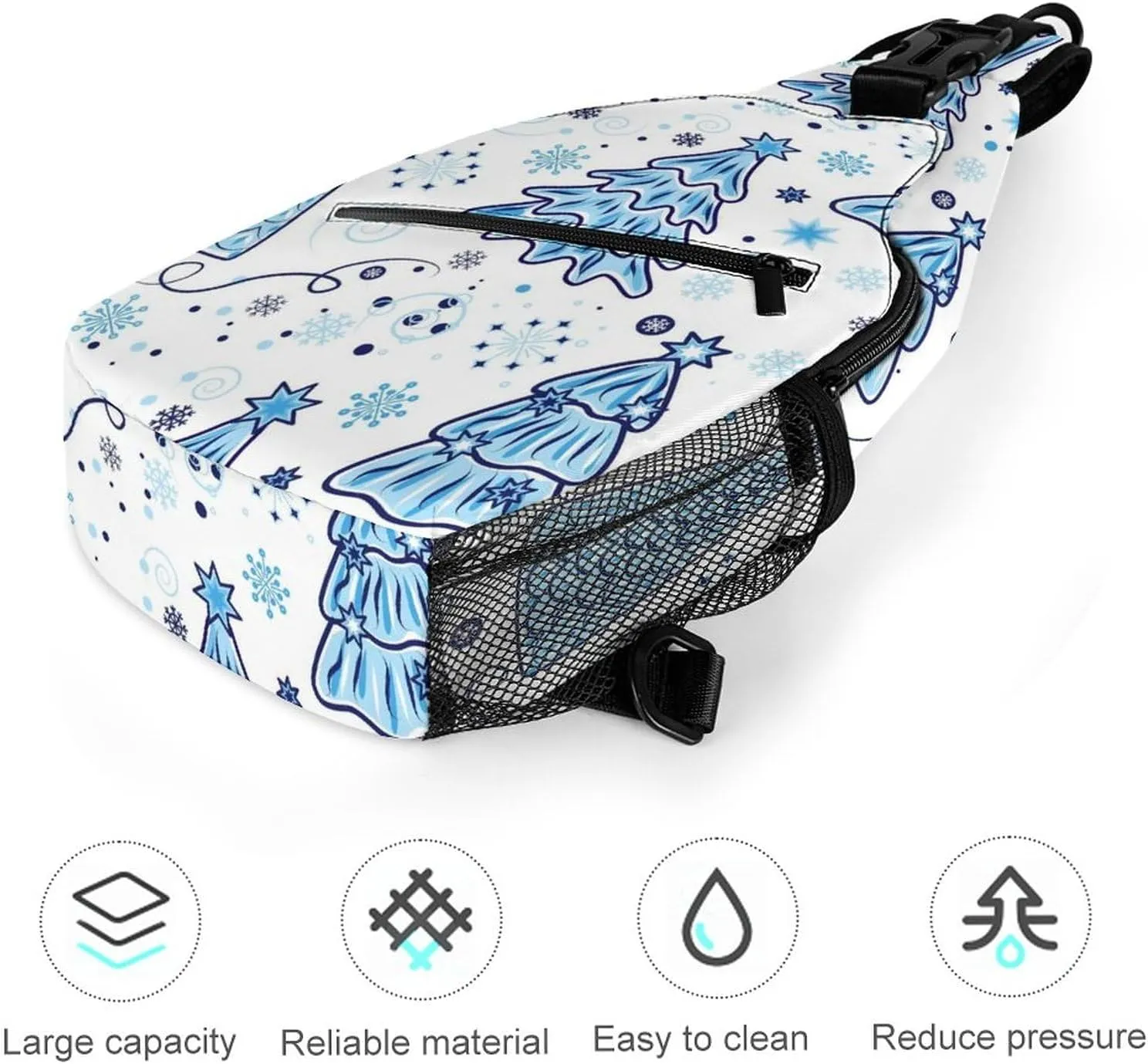 Christmas Trees Snowflakes Crossbody Sling Backpack Blue Merry Xmas Sling Bag Adjustable Travel Hiking Chest Bags Daypack