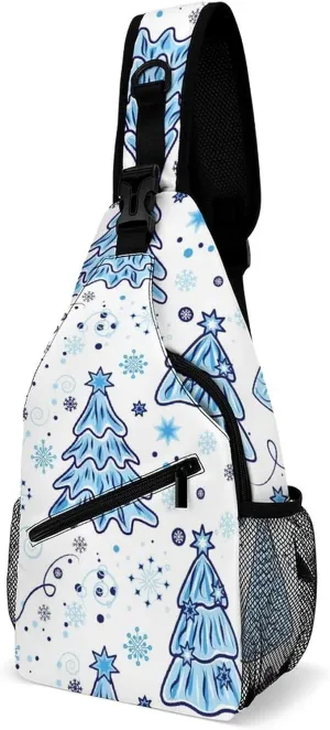 Christmas Trees Snowflakes Crossbody Sling Backpack Blue Merry Xmas Sling Bag Adjustable Travel Hiking Chest Bags Daypack