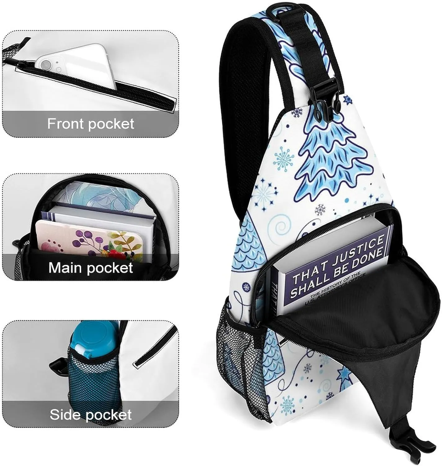Christmas Trees Snowflakes Crossbody Sling Backpack Blue Merry Xmas Sling Bag Adjustable Travel Hiking Chest Bags Daypack
