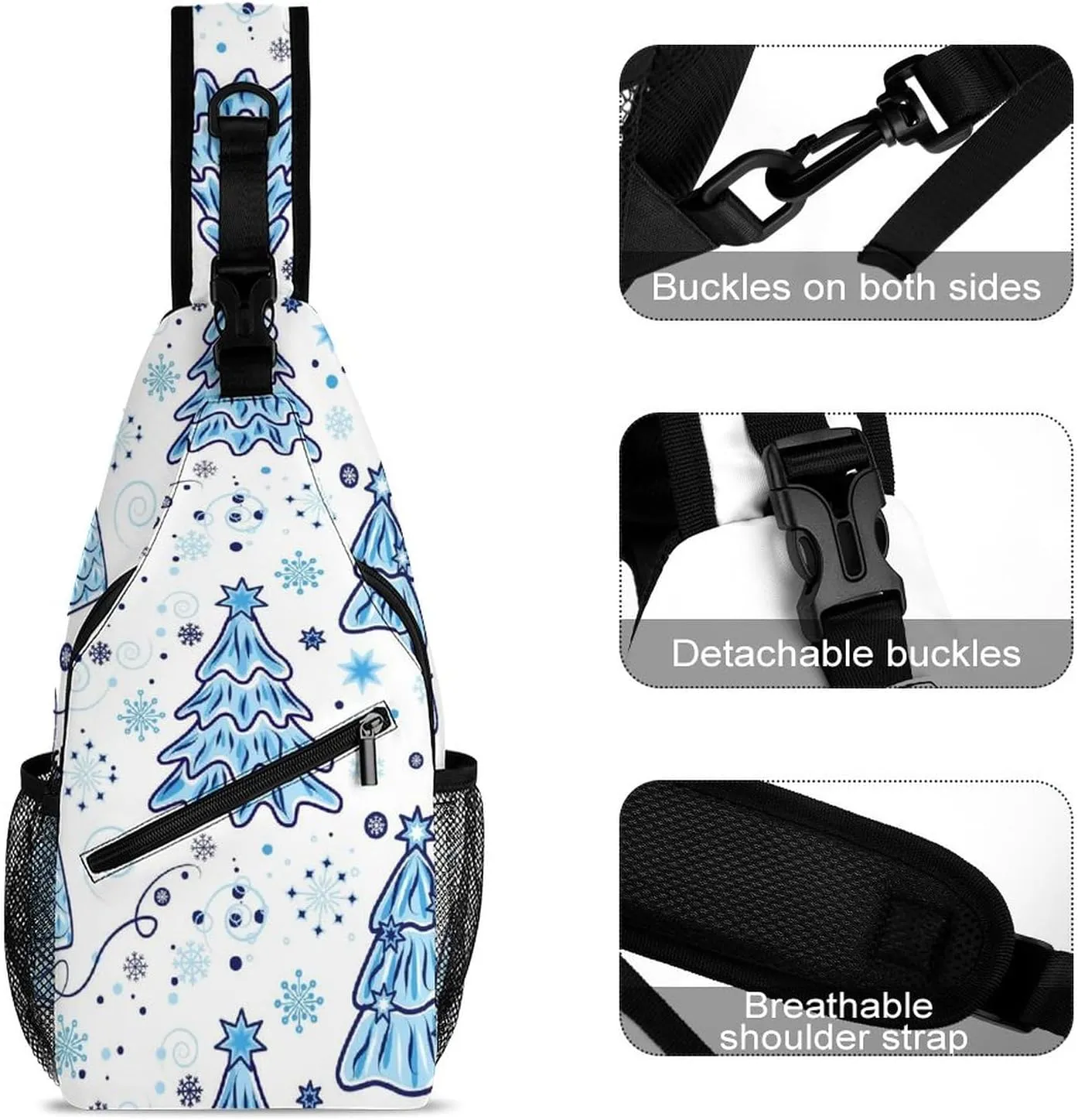 Christmas Trees Snowflakes Crossbody Sling Backpack Blue Merry Xmas Sling Bag Adjustable Travel Hiking Chest Bags Daypack