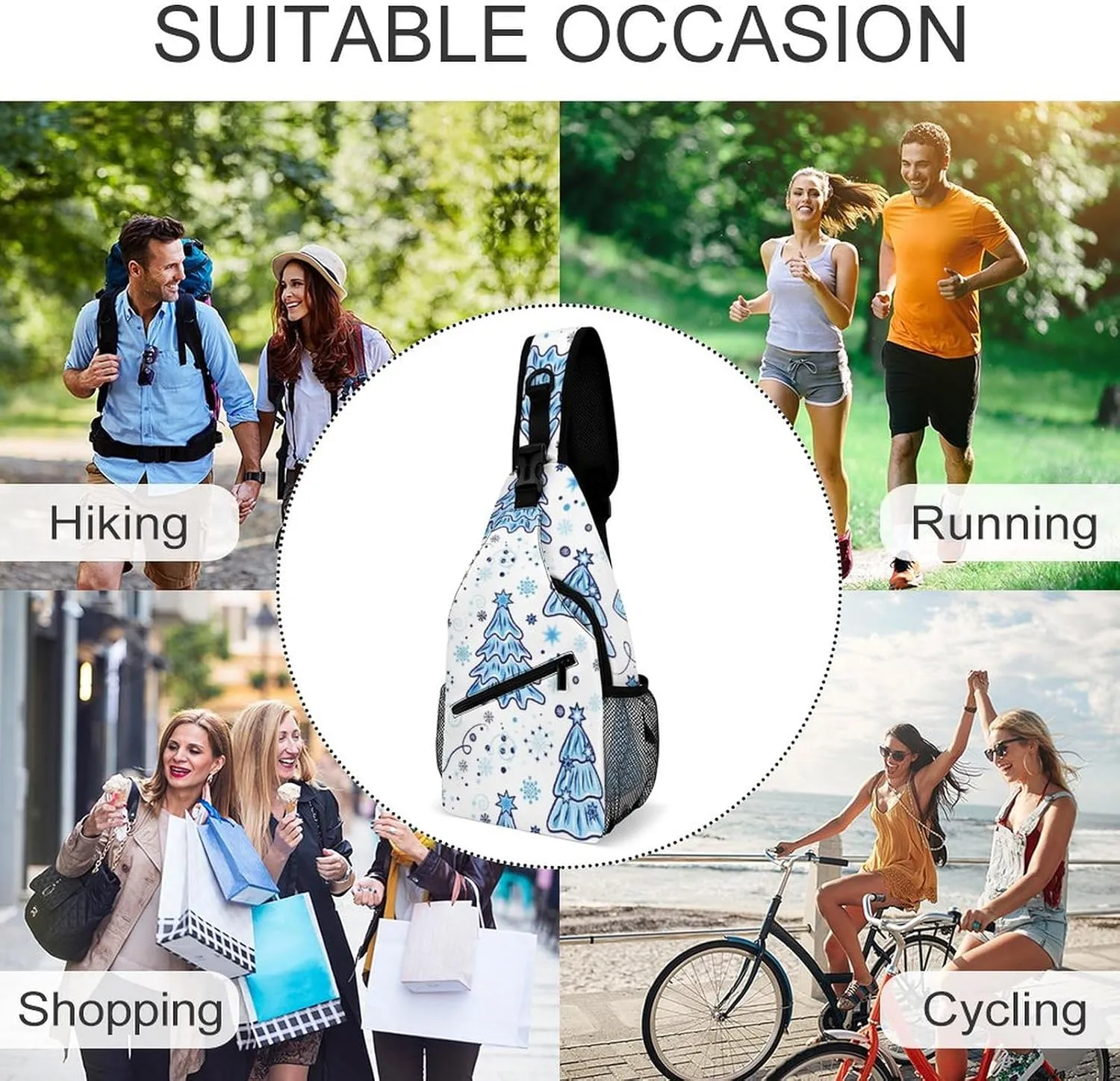 Christmas Trees Snowflakes Crossbody Sling Backpack Blue Merry Xmas Sling Bag Adjustable Travel Hiking Chest Bags Daypack