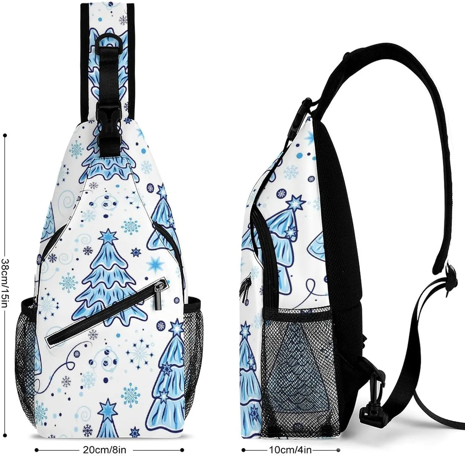 Christmas Trees Snowflakes Crossbody Sling Backpack Blue Merry Xmas Sling Bag Adjustable Travel Hiking Chest Bags Daypack