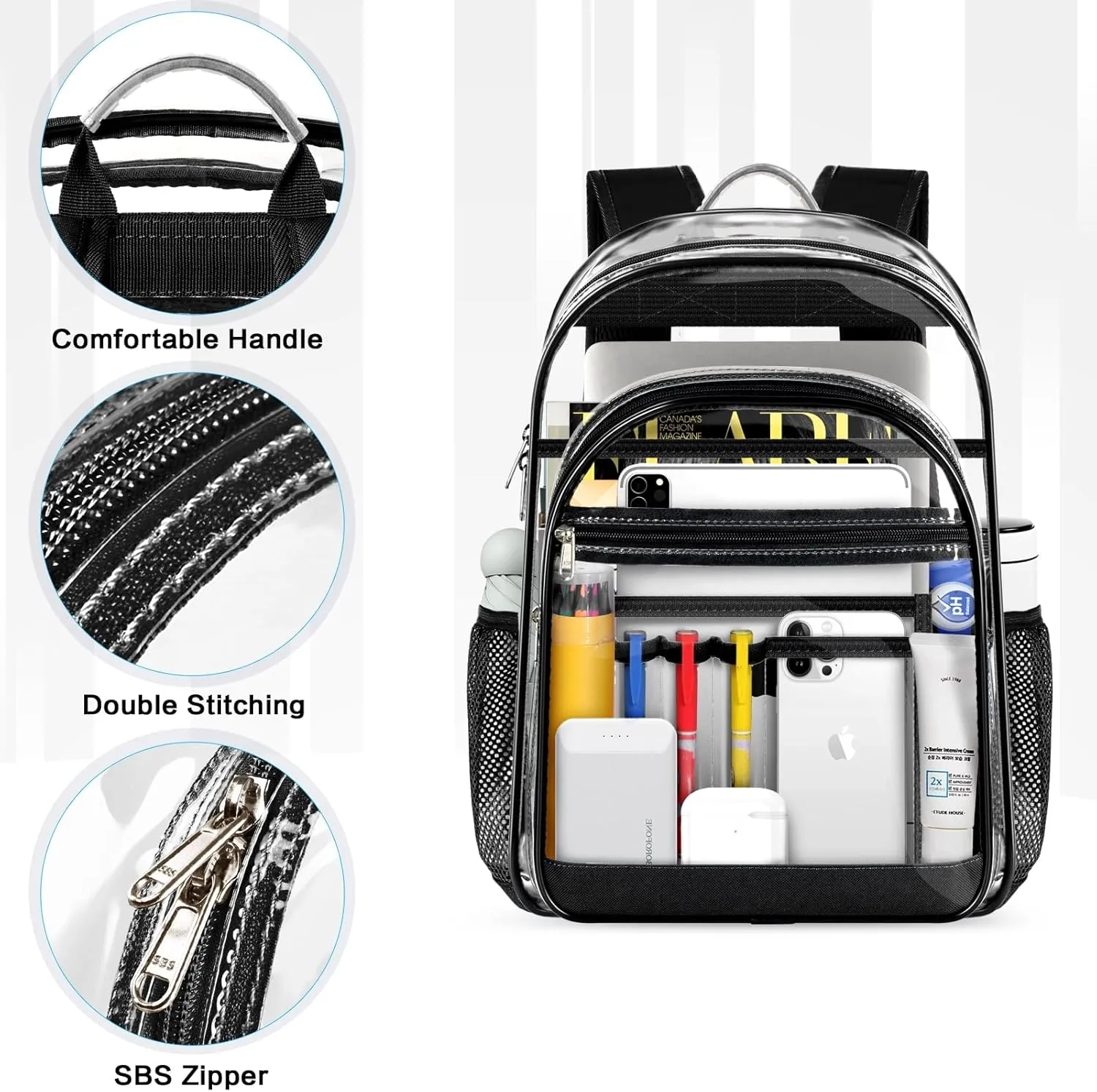 Clear Backpack Heavy Duty Large Transparent Backpack with Reinforced Straps, See Through Bookbag for College, Travel, Work Security - Black