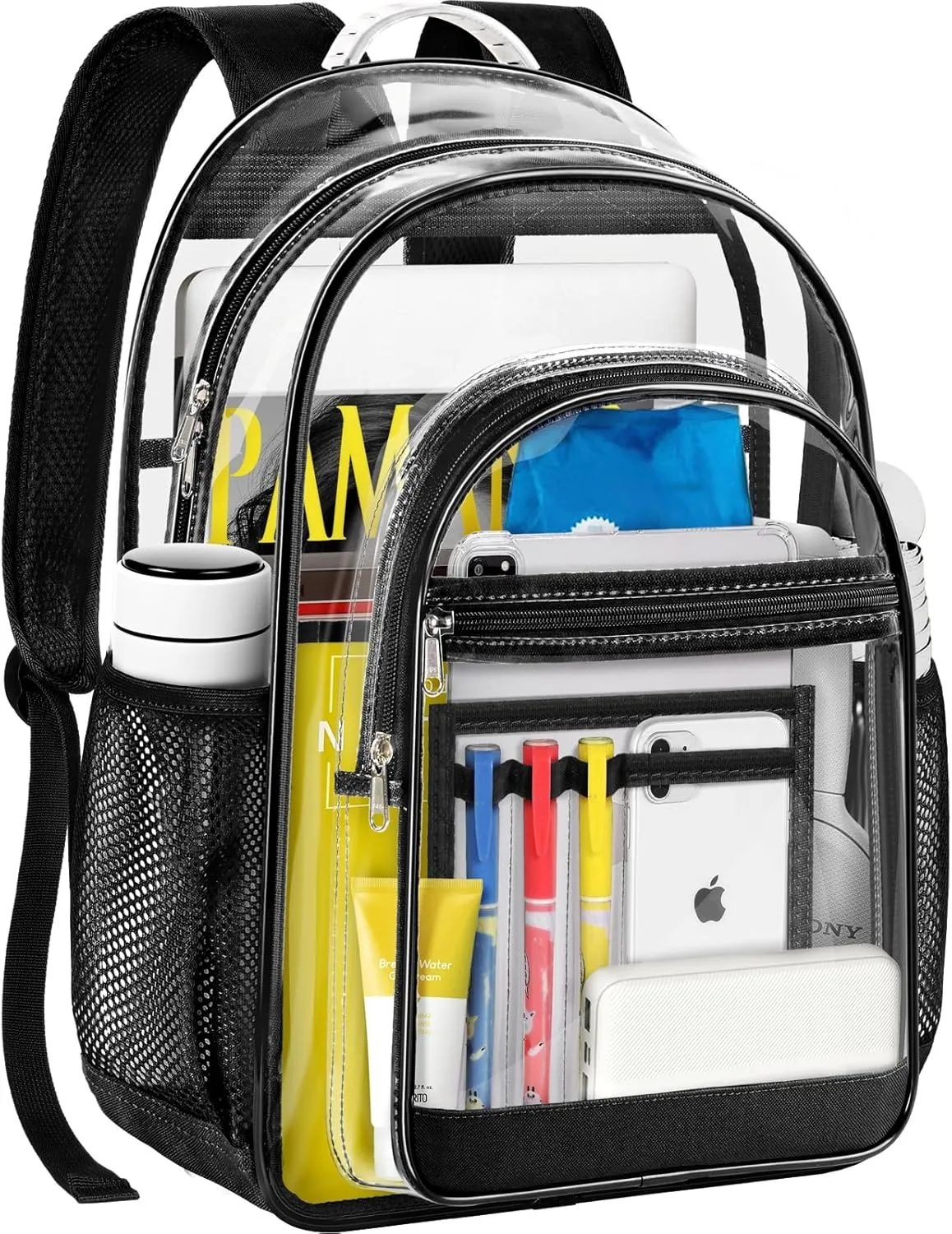 Clear Backpack Heavy Duty Large Transparent Backpack with Reinforced Straps, See Through Bookbag for College, Travel, Work Security - Black