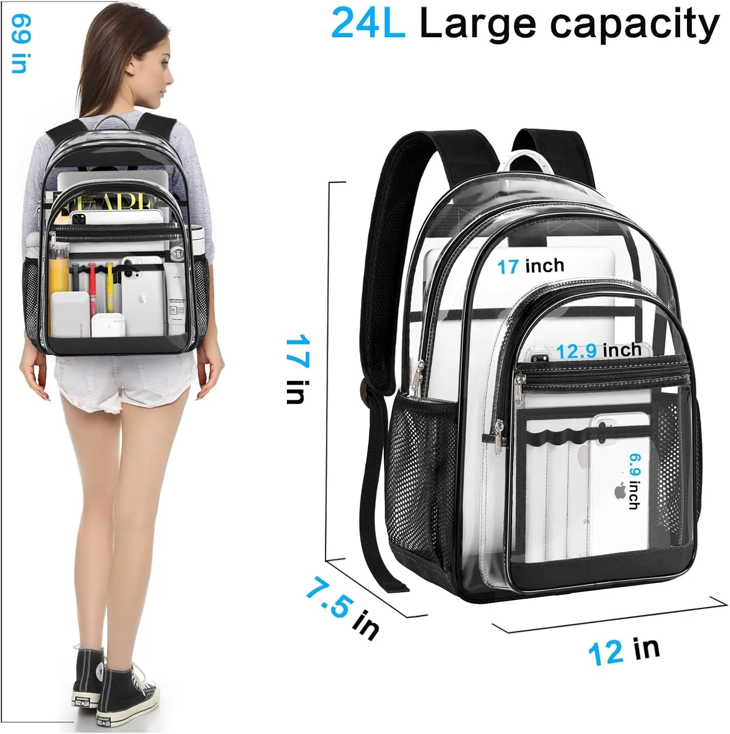 Clear Backpack Heavy Duty Large Transparent Backpack with Reinforced Straps, See Through Bookbag for College, Travel, Work Security - Black