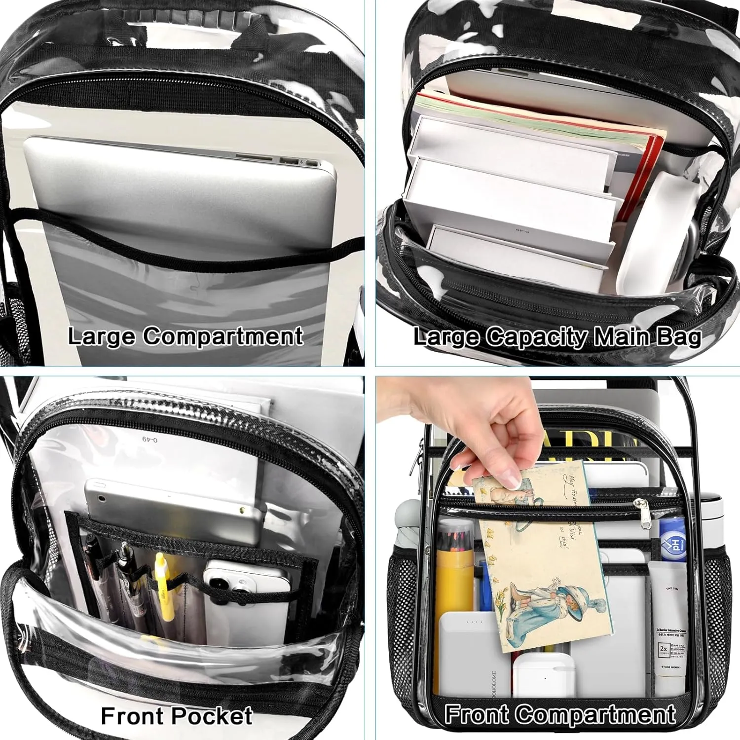Clear Backpack Heavy Duty Large Transparent Backpack with Reinforced Straps, See Through Bookbag for College, Travel, Work Security - Black