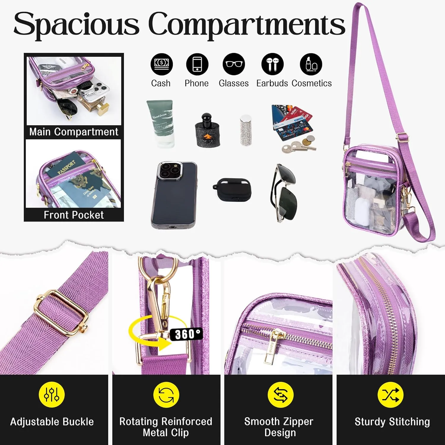 Clear Bag Stadium Approved Crossbody: Bling Purse for Women - Small Concert Bag Under 12x6x12