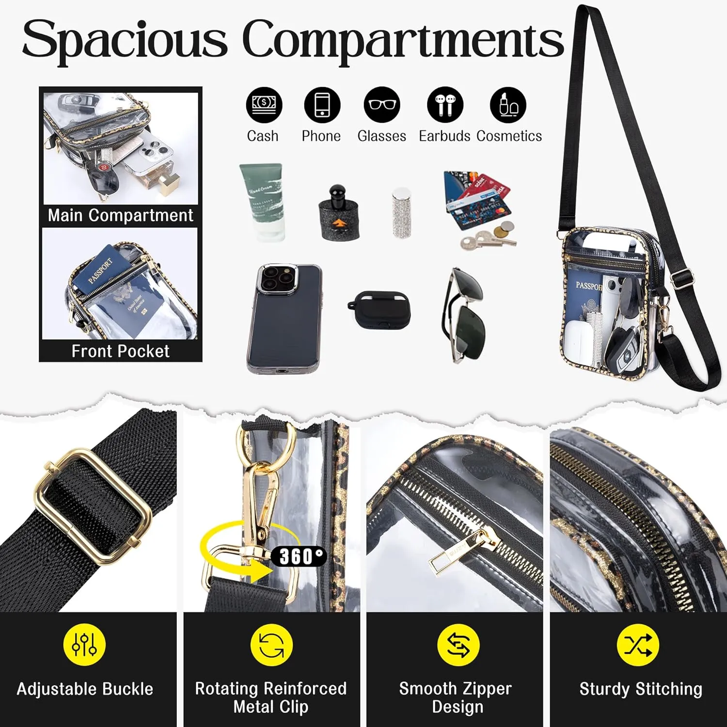 Clear Bag Stadium Approved Crossbody: Bling Purse for Women - Small Concert Bag Under 12x6x12