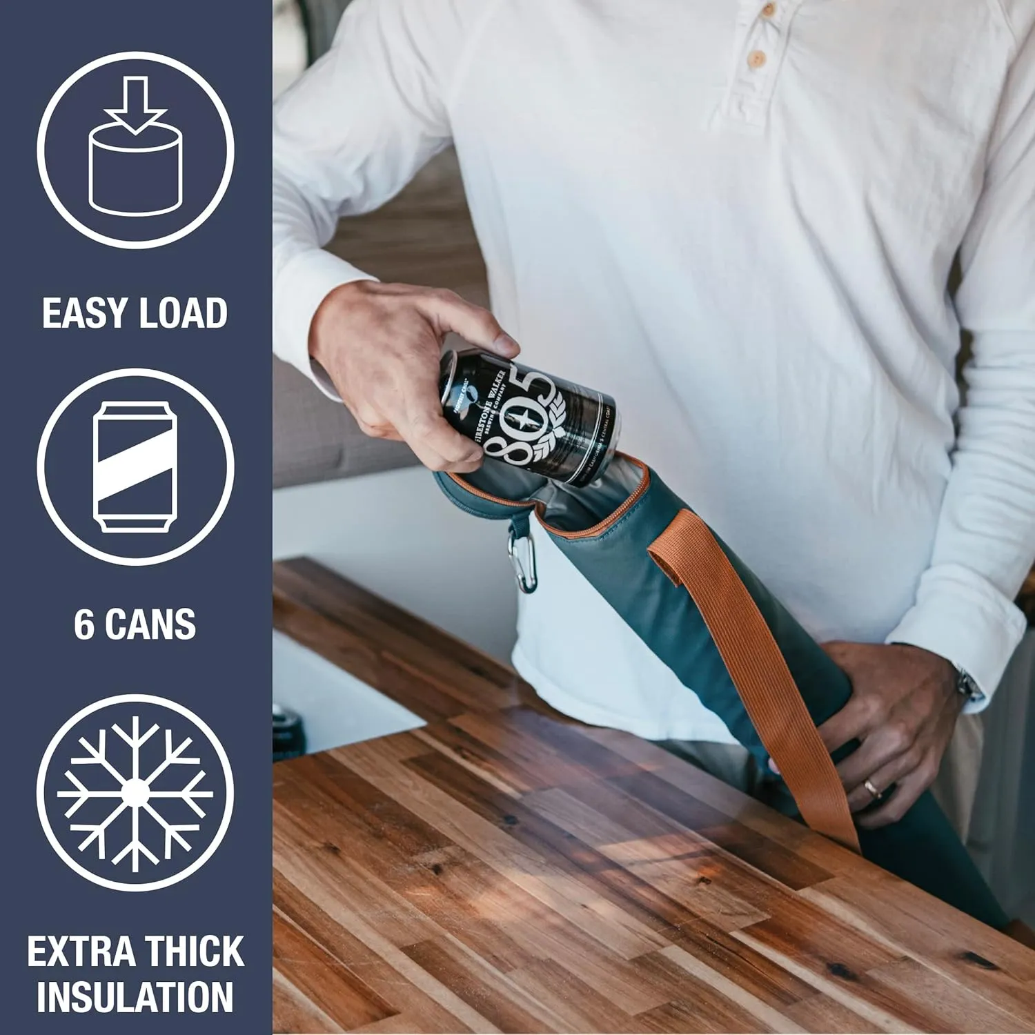 CleverMade Insulated Cooler Beer Tube Sleeve - 6 Cans / 72 oz Ocean/Cognac Portable Cooling Bag w/Shoulder Strap, Leak Proof Travel Ice Chest