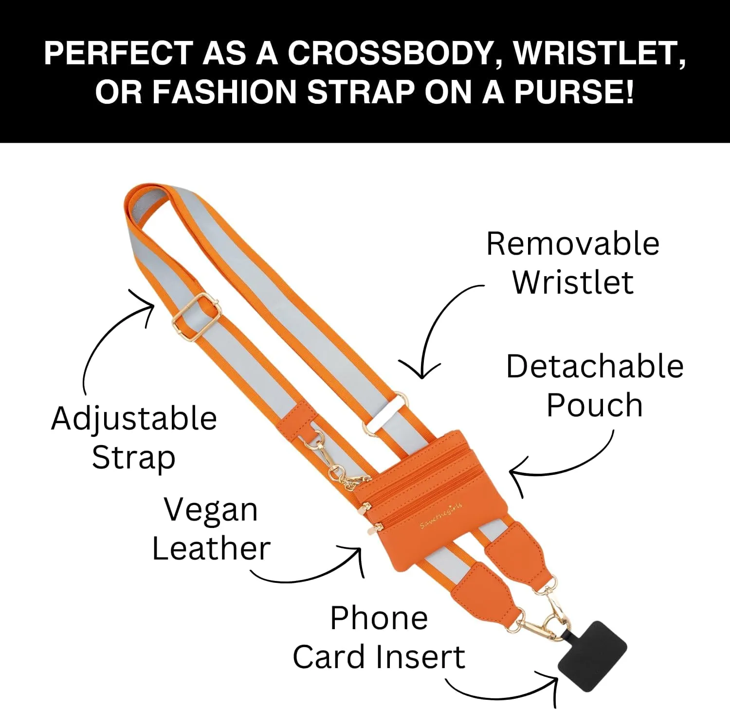 Clip & Go Bold Phone Strap (Reflective Orange - Orange Pouch) – Crossbody Phone Strap Chain with Zipper Wallet Pouch – Phone Lanyard with Zippered Pouch